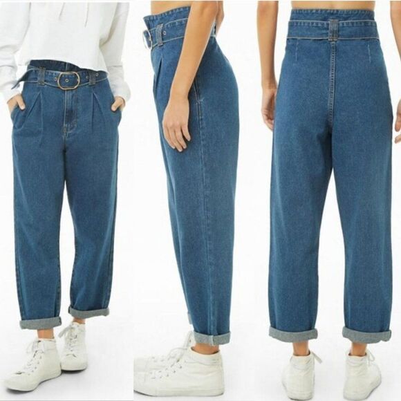 Forever 21 Jeans High-Rise Paperbag Belted Baggy Tapered Cuffed Medium Wash 26 - Picture 1 of 7